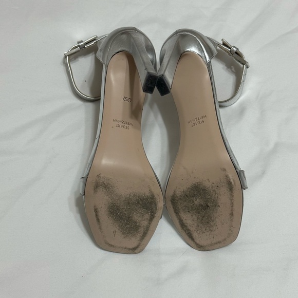 Stuart Weitzman Metallic Silver Leather Strap Heels - Nudistcurve Sandal - Picture 6 of 6
